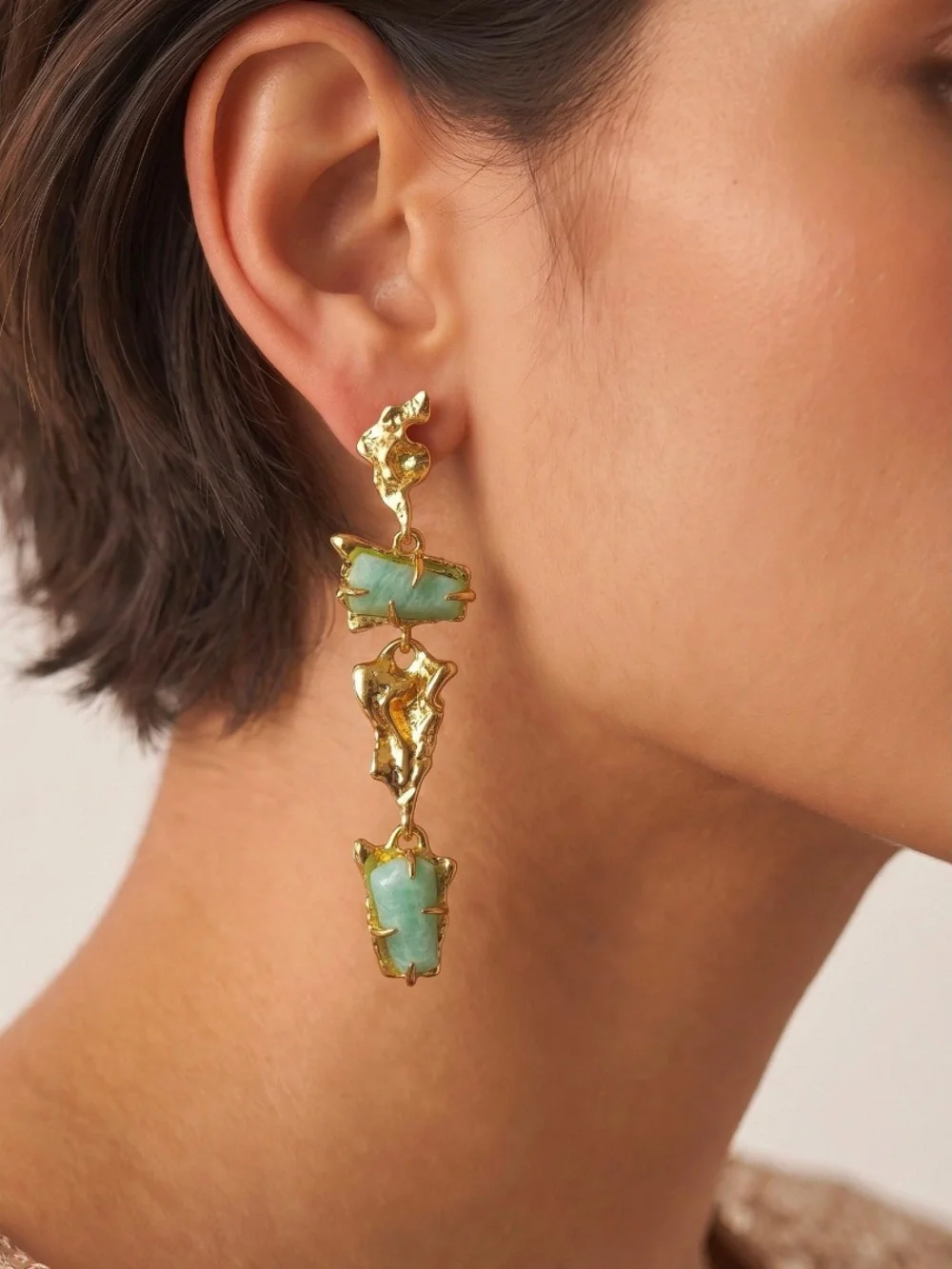 ALEXIS BITTAR • Brut Crumpled Gold Tumbled Green Blue Gemstone Drop Earrings